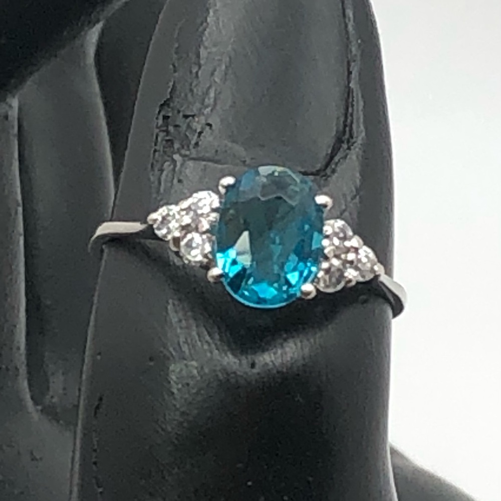Large Blue Gemstone with White CZ Accents Sterling Silver Ring